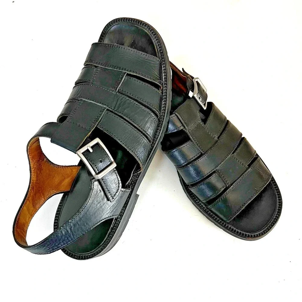 Vintage Bally Giardinetto Mens Black‎ Leather Fisherman Sandals Made in Italy 11